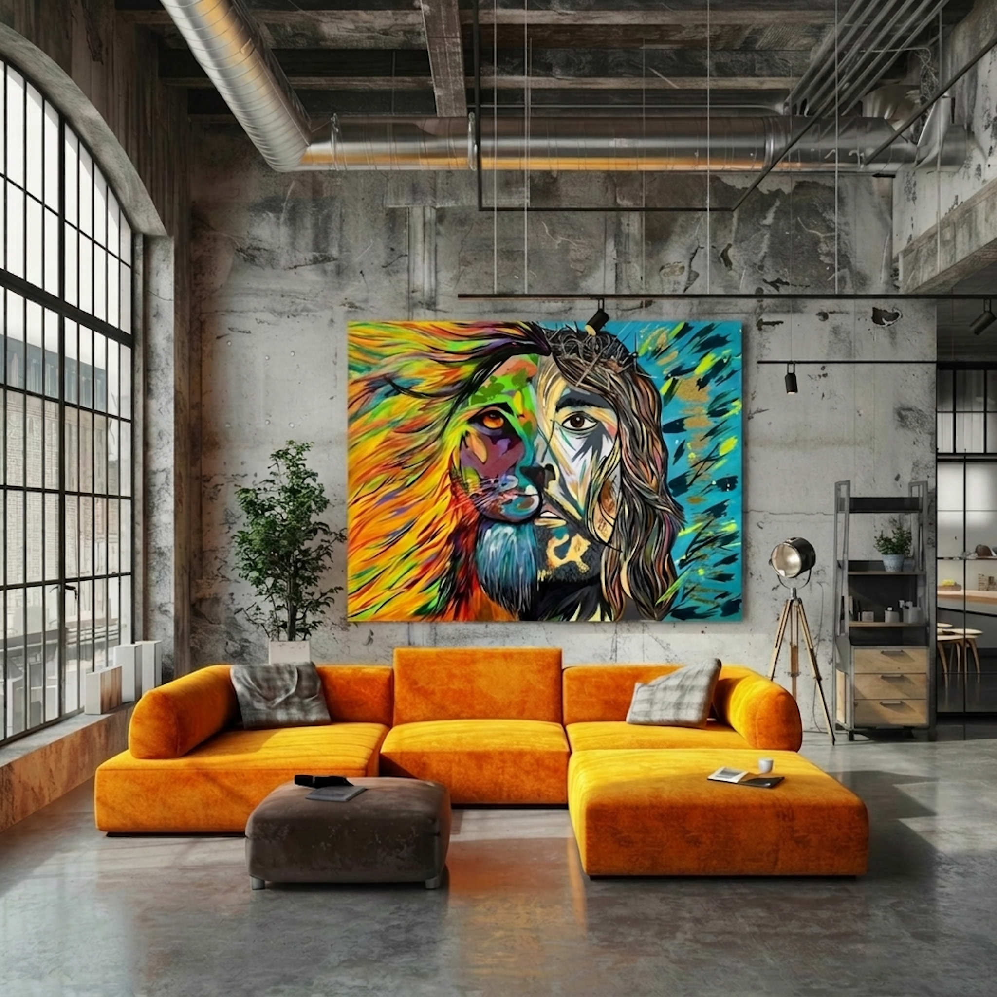 The Lion and Christ painting displayed in a modern living room